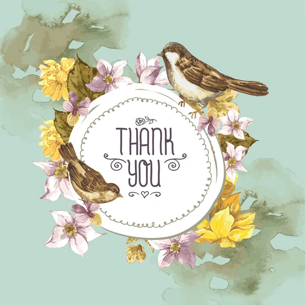 Cartão retrô floral com pardais de pássaro —  Vetores de Stock