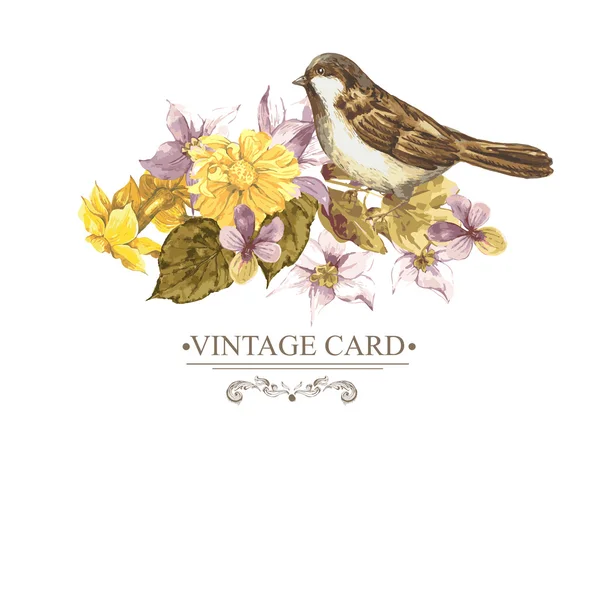 Floral Retro Card with Bird Sparrows — Stock Vector