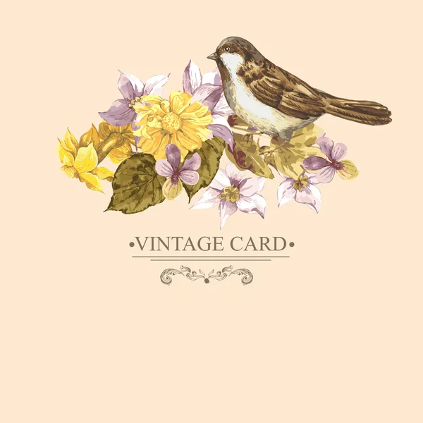 Blommig Retro kort med fågel sparvar — Stock vektor