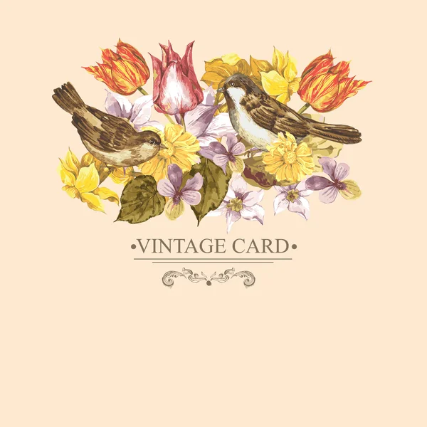 Carte rétro florale printemps avec moineaux oiseaux — Image vectorielle