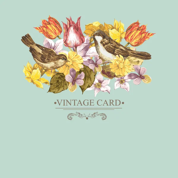 Cartão Retro Floral de Primavera com Pardais de Pássaro — Vetor de Stock