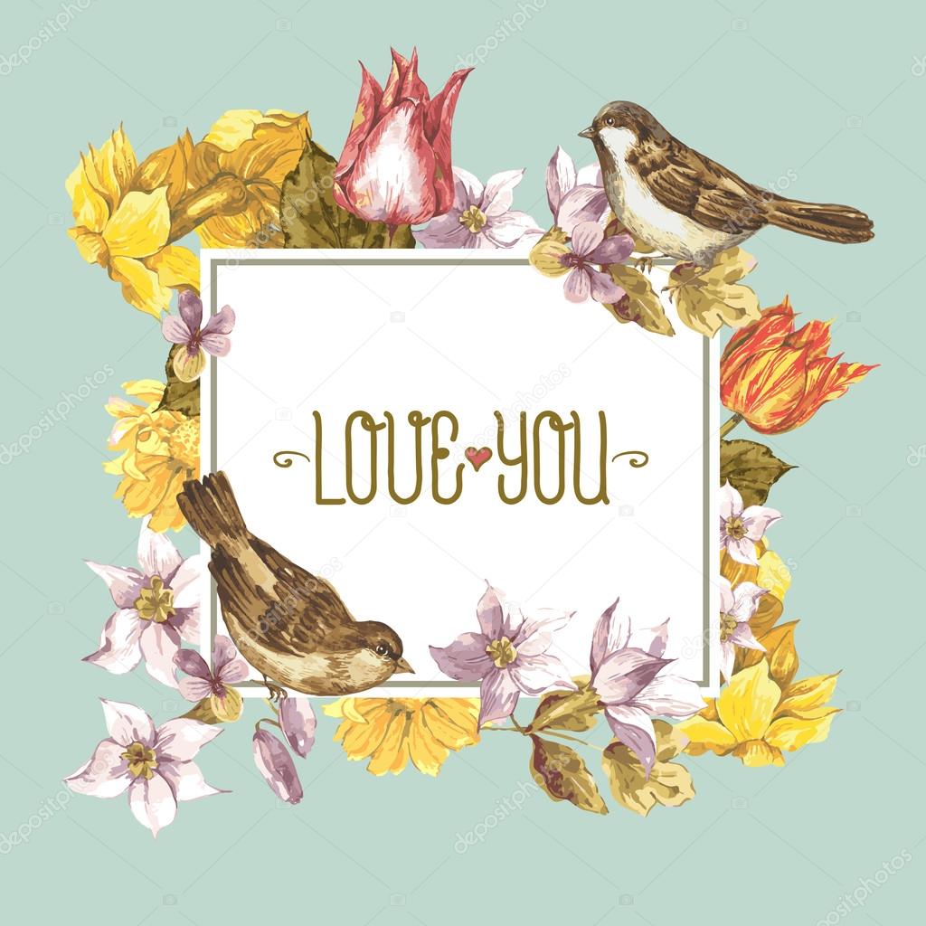 Spring Floral Retro Card with Bird Sparrows