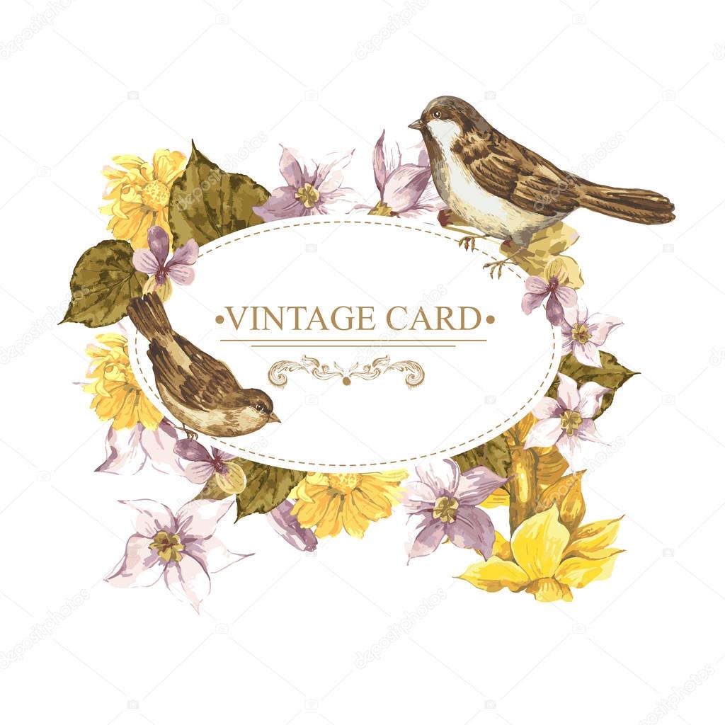 Floral Retro Card with Bird Sparrows