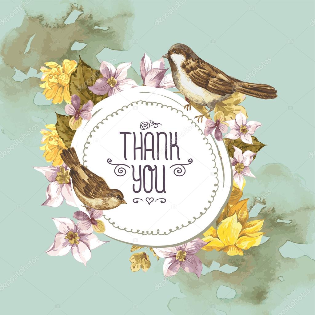 Floral Retro Card with Bird Sparrows