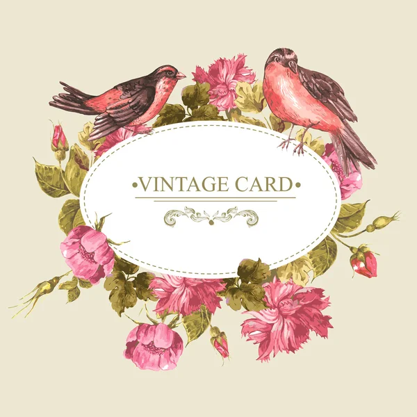 Bouquet Floral avec Roses et Oiseau, Carte Vintage — Image vectorielle