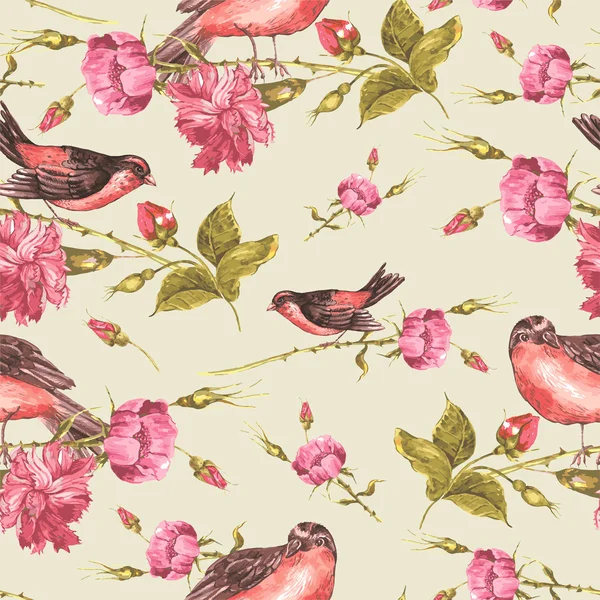 Fundo Vintage sem costura com rosas e pássaros —  Vetores de Stock