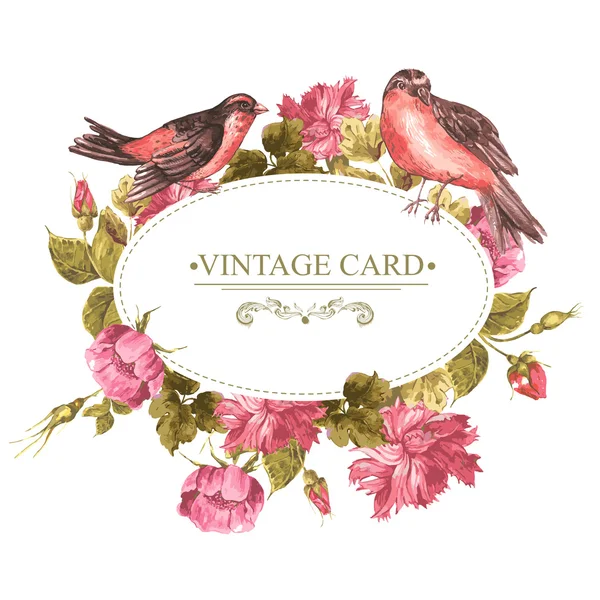 Buquê floral com rosas e pássaros, cartão vintage — Vetor de Stock