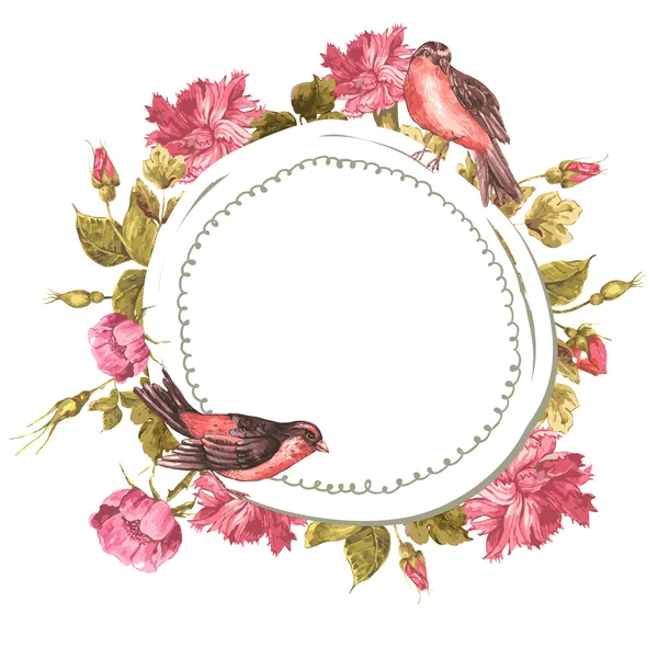 Floral ανθοδέσμη με τριαντάφυλλα και πουλί, εκλεκτής ποιότητας κάρτα — Διανυσματικό Αρχείο