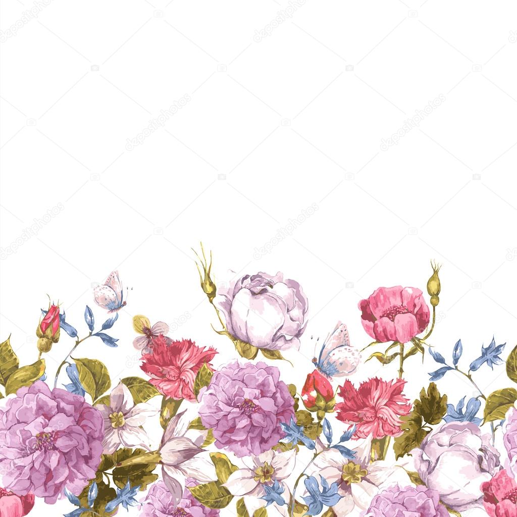 Floral Seamless Watercolor Border with Roses