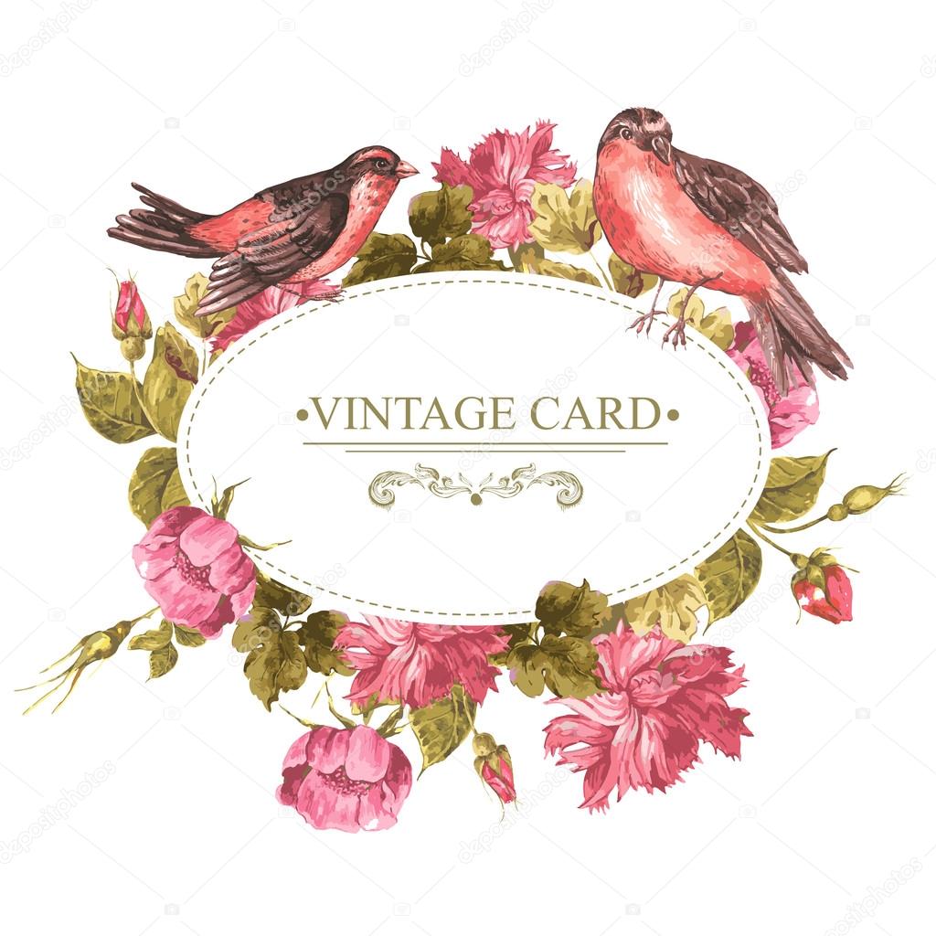 Floral Bouquet with Roses and Bird, Vintage Card