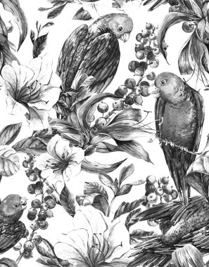 Tropik çiçekler ve papağan ile egzotik sorunsuz arka plan