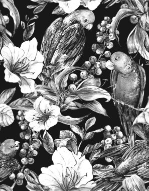 Tropik çiçekler ve papağan ile egzotik sorunsuz arka plan