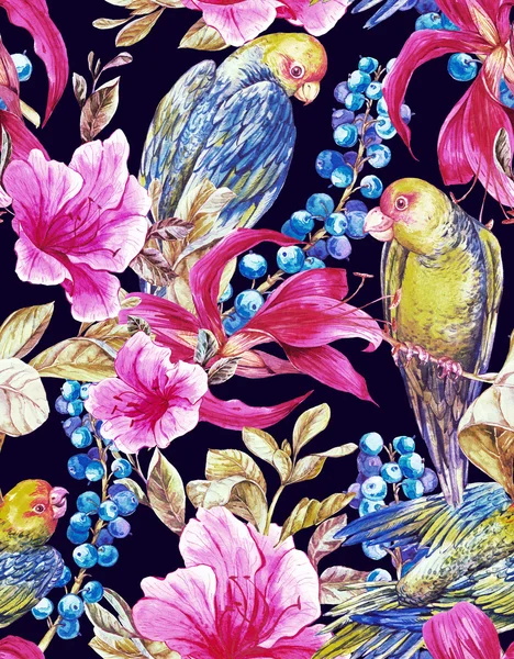 Fondo sin costuras con flores tropicales, loros —  Fotos de Stock