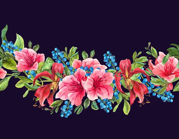 Nahtloser Aquarellrand mit tropischen Blumen — Stockfoto