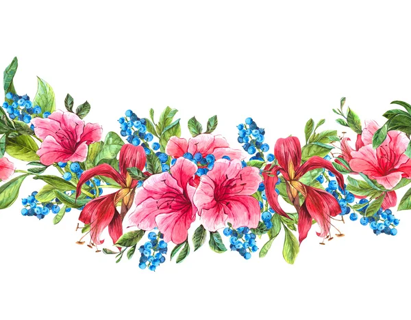 Seamless Watercolor Border with Tropical Flowers — Stock Photo, Image