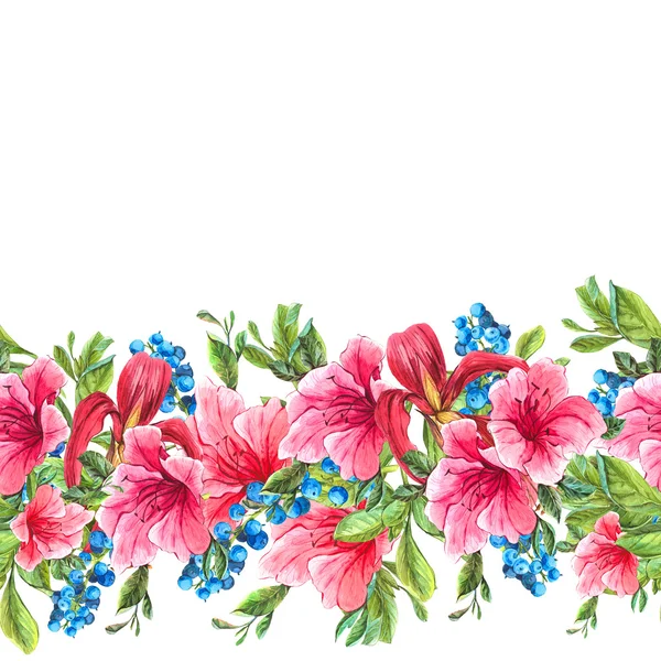 Seamless Watercolor Border with Tropical Flowers — Stock Photo, Image