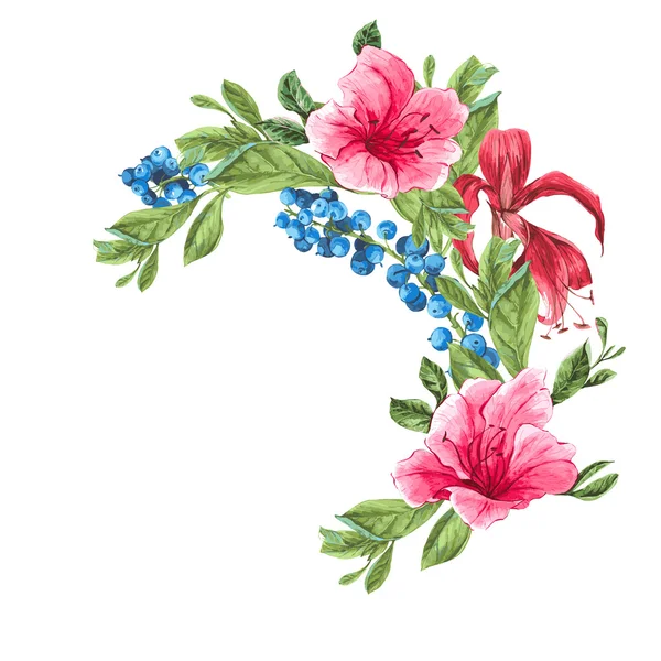 Einladungskarte mit Blaubeeren, rosa tropischen Blüten und Blättern — Stockvektor