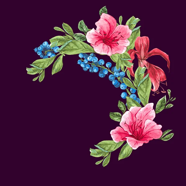 Invitation Carte Vintage aux myrtilles, fleurs tropicales roses et feuilles — Image vectorielle