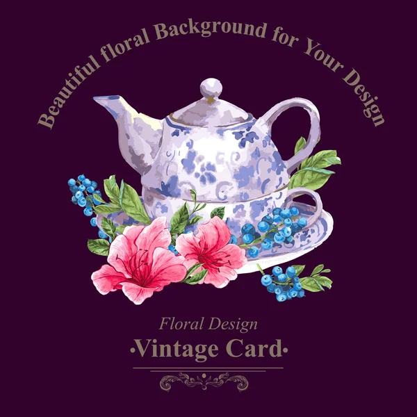 A fekete áfonya, a rózsaszín trópusi virágok és a teáskanna Vintage meghívó — Stock Vector