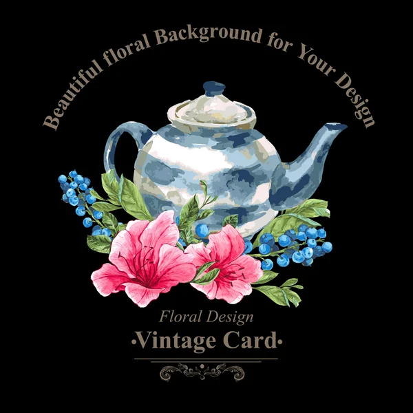 Invito Vintage Card con mirtilli, fiori tropicali rosa e teiera — Vettoriale Stock