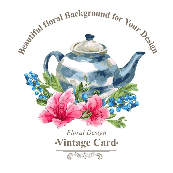 Invito Vintage Card con mirtilli, fiori tropicali rosa e teiera — Vettoriale Stock