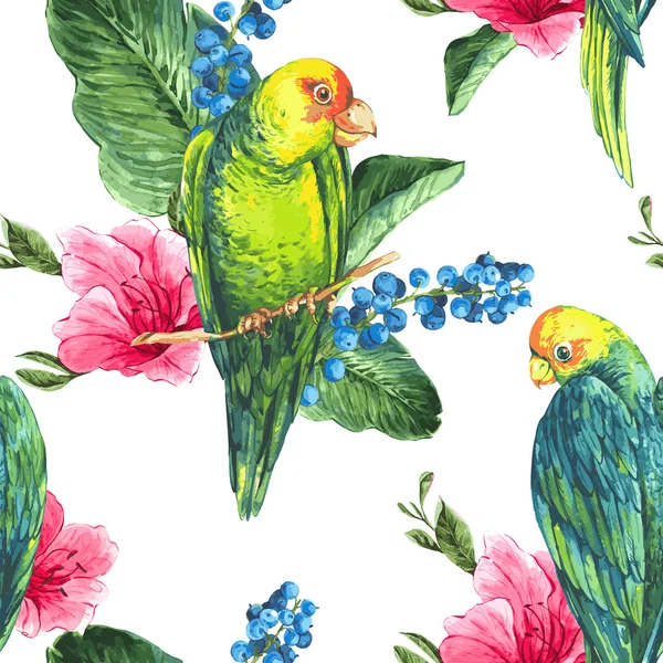 Aquarell exotischen nahtlosen Hintergrund mit Blaubeeren, rosa tropischen Blumen und grünen Papageien — Stockvektor