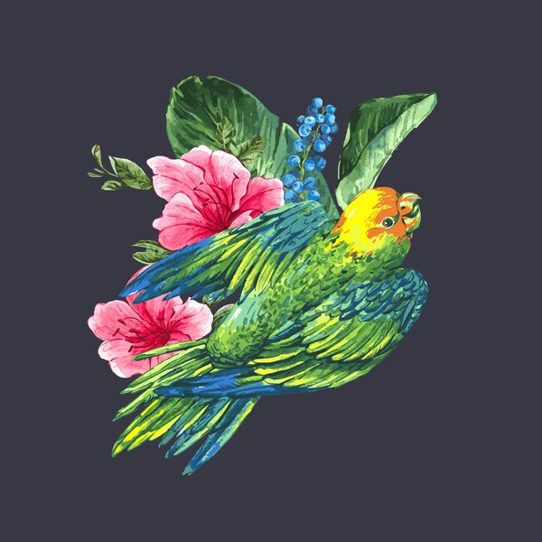 Akvarel exotické Vintage karta s modrými plody, růžová tropických květin a zelených papoušků — Stockový vektor