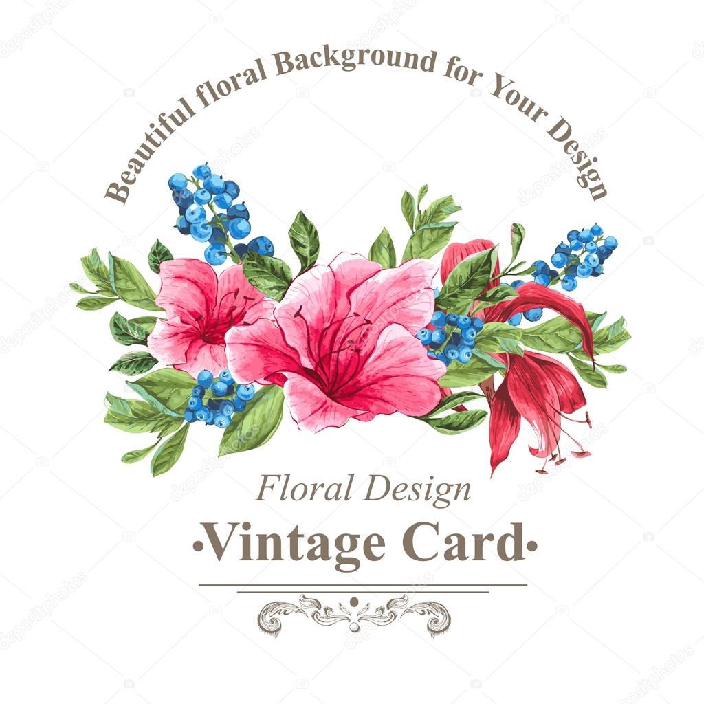Invitation Vintage Card with Blueberries, Pink Tropical Flowers and Leaves