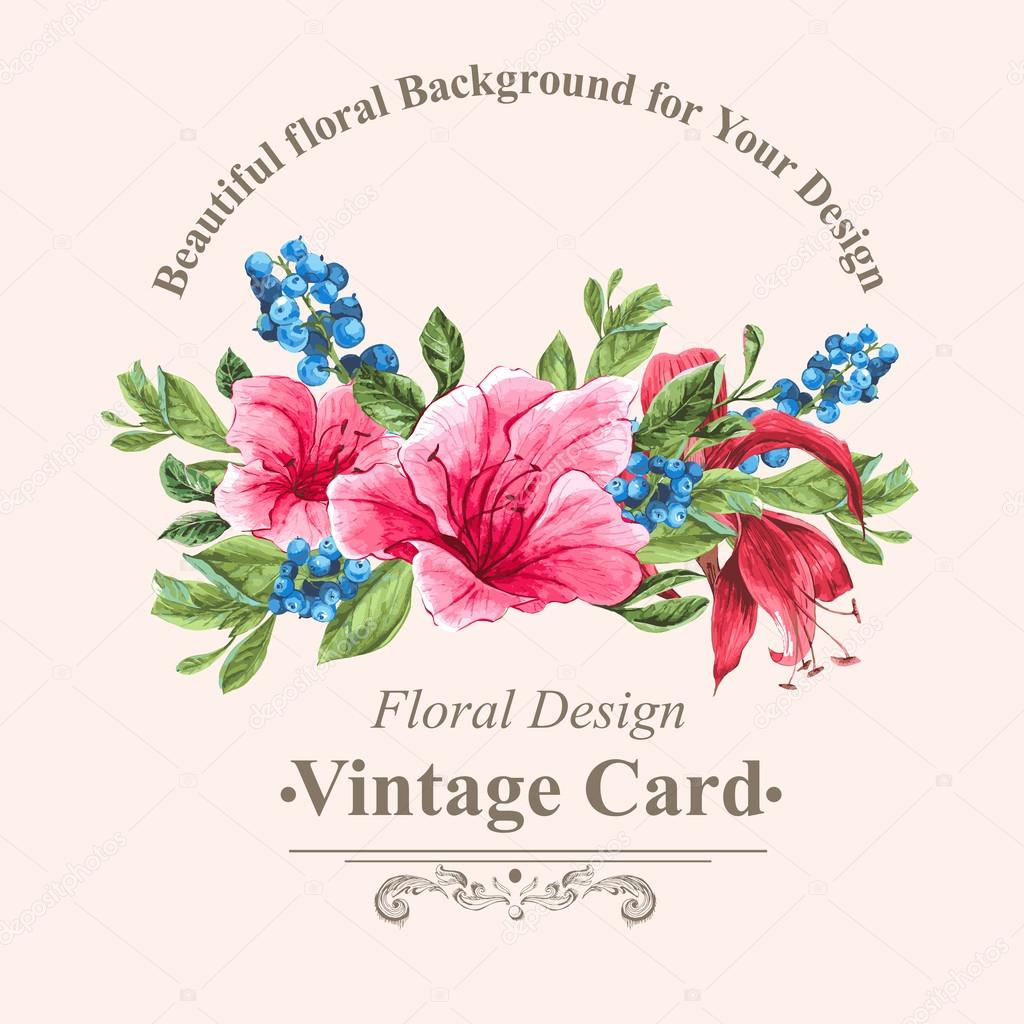 Invitation Vintage Card with Blueberries, Pink Tropical Flowers and Leaves