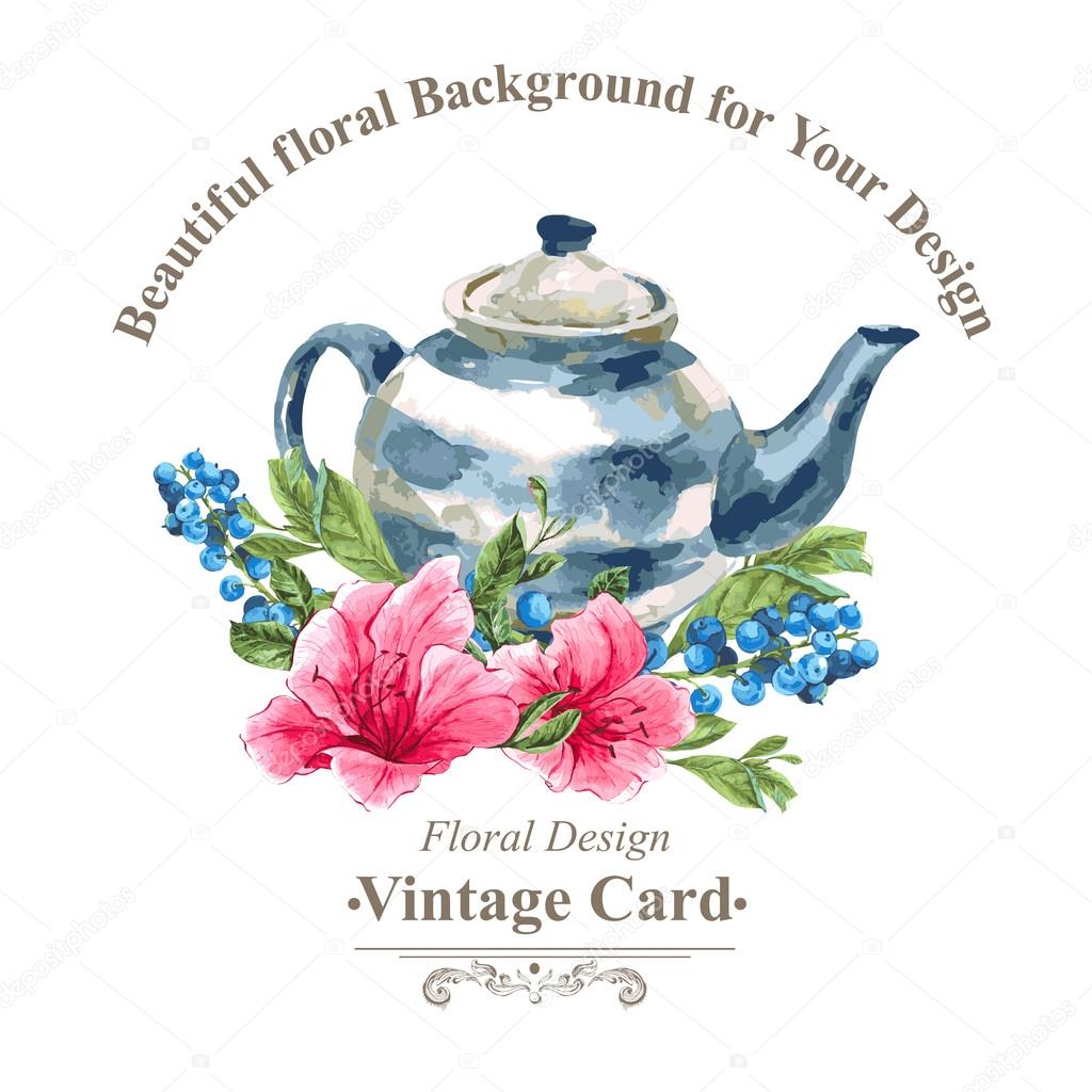 Invitation Vintage Card with Blueberries, Pink Tropical Flowers and Teapot