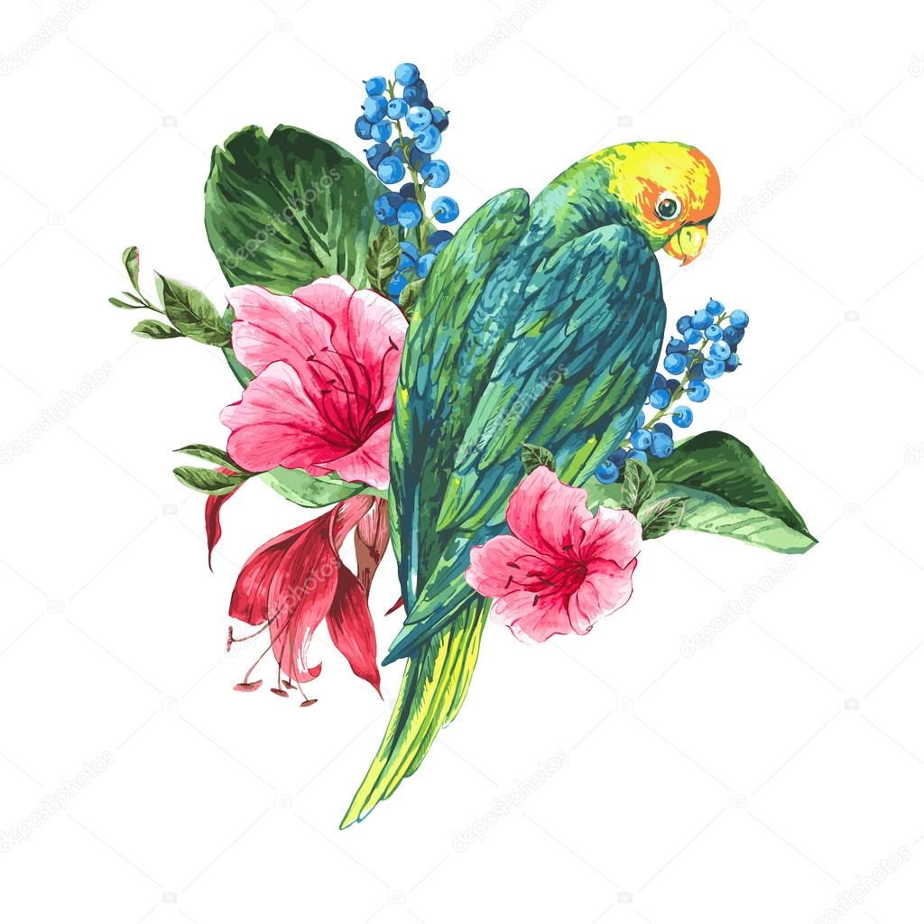 Watercolor Exotic Vintage Card with Blue berries, Pink Tropical Flowers and Green Parrots