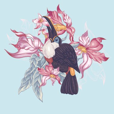 Çiçek vektör Vintage kartı egzotik çiçekler ve Toucan.