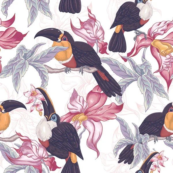 Tropische naadloze achtergrond met exotische bloemen en Toucan, — Stockvector