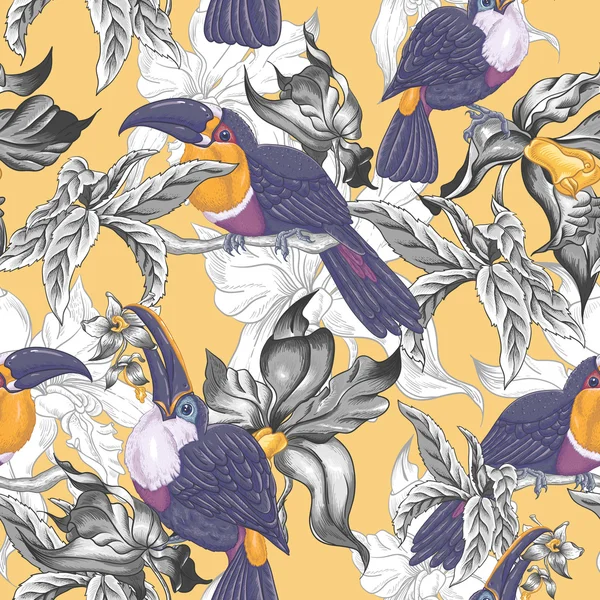 Tropischen nahtlosen Hintergrund mit exotischen Blumen und Tukan, — Stockvektor