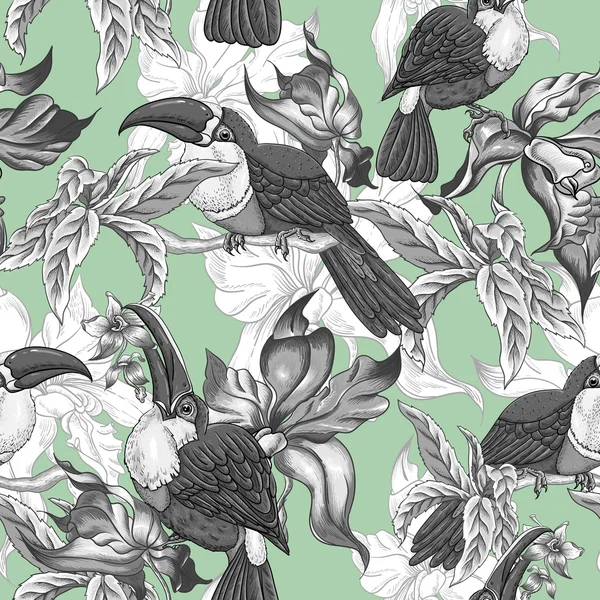 Fondo tropical sin costuras con flores exóticas y tucán , — Archivo Imágenes Vectoriales