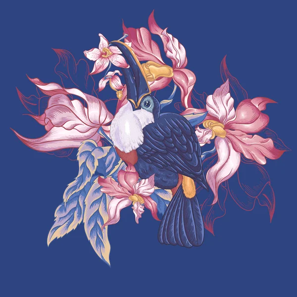 Floral Vector Vintage kaart met exotische bloemen en Toucan. — Stockvector