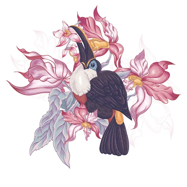 エキゾチックな花とオオハシ花のベクトル ビンテージ カード. — ストックベクタ