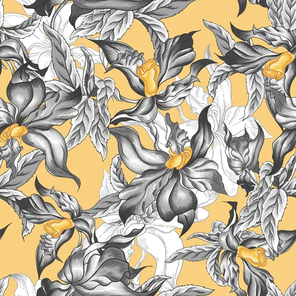 Tropical fond sans couture avec des fleurs exotiques — Image vectorielle