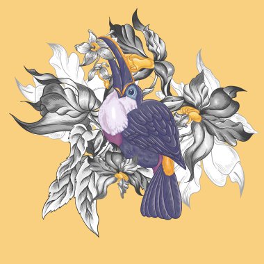 Çiçek vektör Vintage kartı egzotik çiçekler ve Toucan.