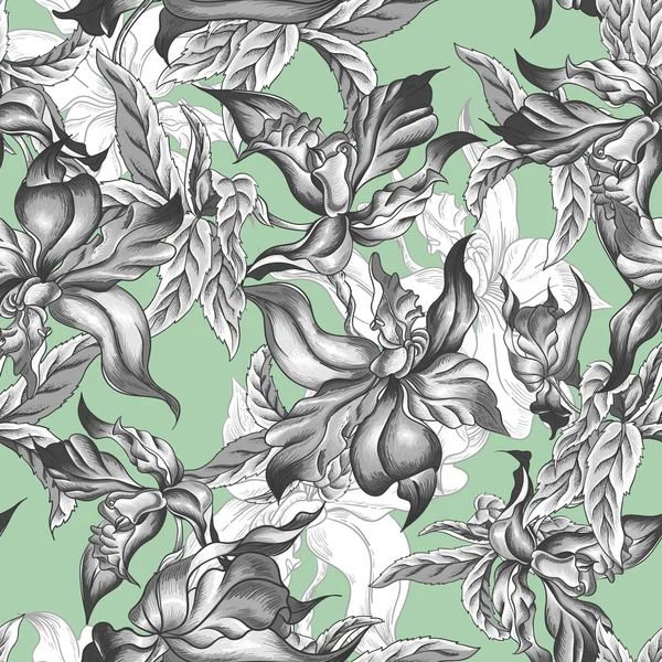 Tropical fond sans couture avec des fleurs exotiques — Image vectorielle