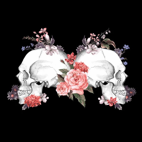 Gül ve kafatası, gün, ölü, vektör çizim