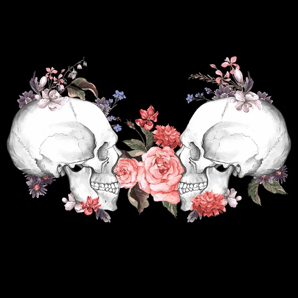 Caveira e rosas, Dia dos Mortos, Ilustração vetorial —  Vetores de Stock