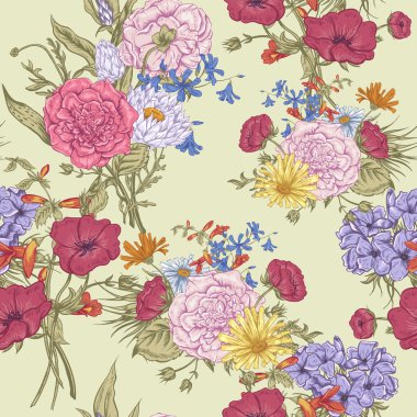 Retro yaz Dikişsiz çiçek desenli, Vintage buket, tebrik vektör çizim nazik