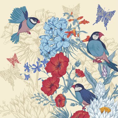 Kuşlar ve kelebekler Vintage çiçek tebrik kartı