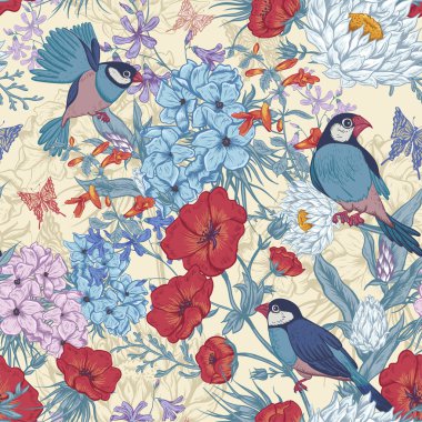 Retro yaz Dikişsiz çiçek desenli kuşlar ve kelebekler