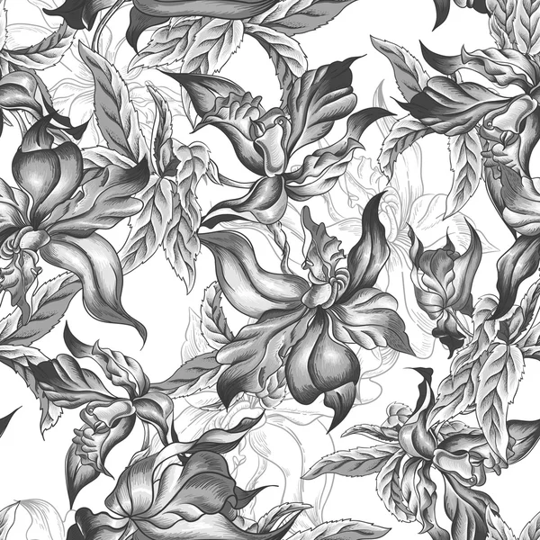 Monochrome fond sans couture avec des fleurs exotiques — Image vectorielle