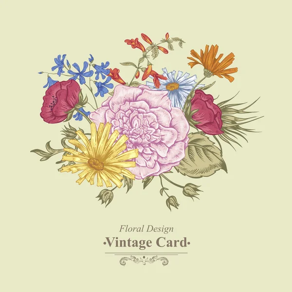 Carte de voeux florale d'été rétro douce, Bouquet vintage, Illustration vectorielle — Image vectorielle