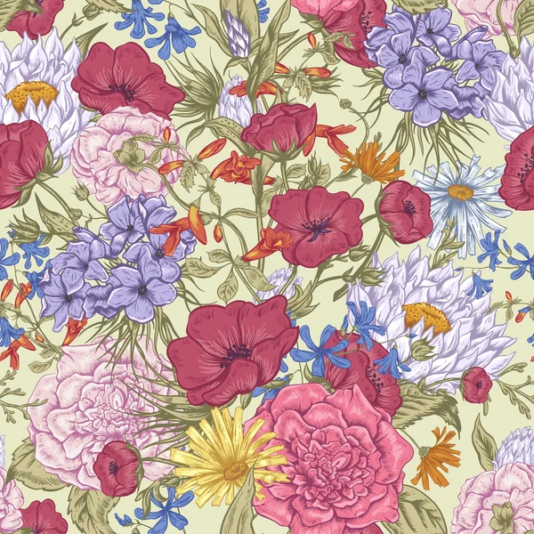 Skonsam Retro sommar sömlös blommönster, Vintage hälsning bukett, vektor illustration — Stock vektor