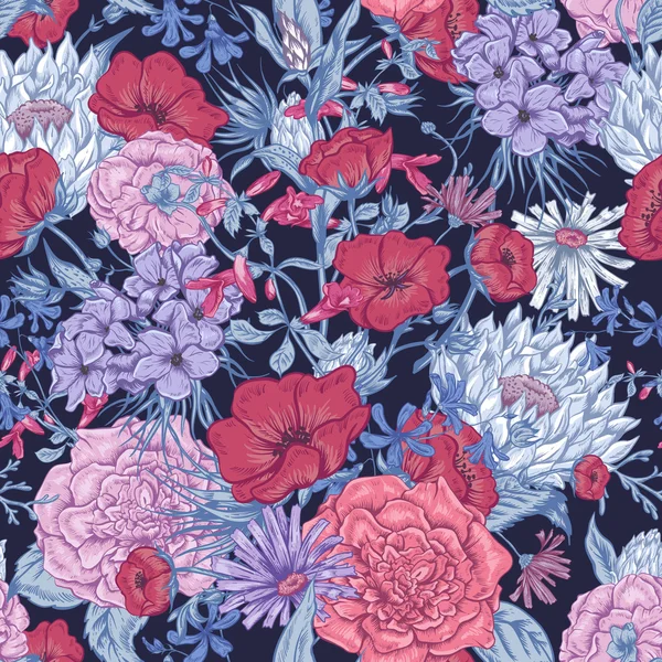 Skonsam Retro sommar sömlös blommönster, Vintage hälsning bukett, vektor illustration — Stock vektor