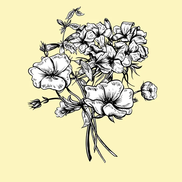 白黒のレトロな夏花グリーティング カード、ビンテージの花束 — ストックベクタ